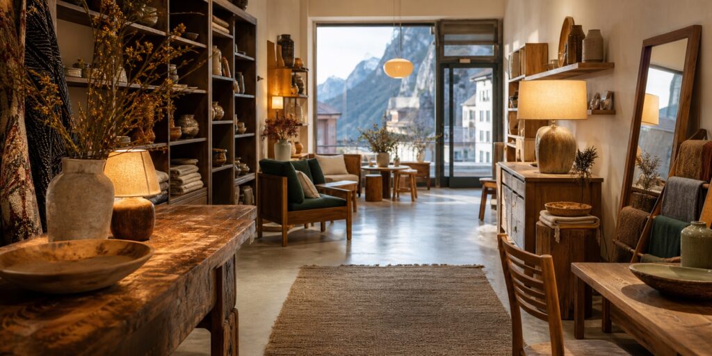 Ambiente arredato con mobili e complementi in toni caldi
