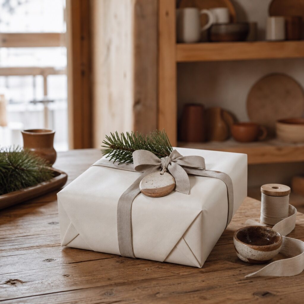 Confezione regalo con nastro e dettaglio artigianale