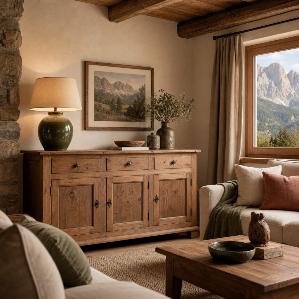 Soggiorno con mobile in legno, tessili e illuminazione